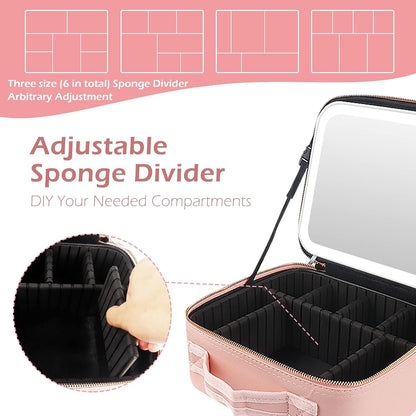 Makeup Train Case with Light & Mirror Large Cosmetic Organizer with Adjustable Dividers for Cosmetics,10X Magnifying Makeup Mirror,Pink