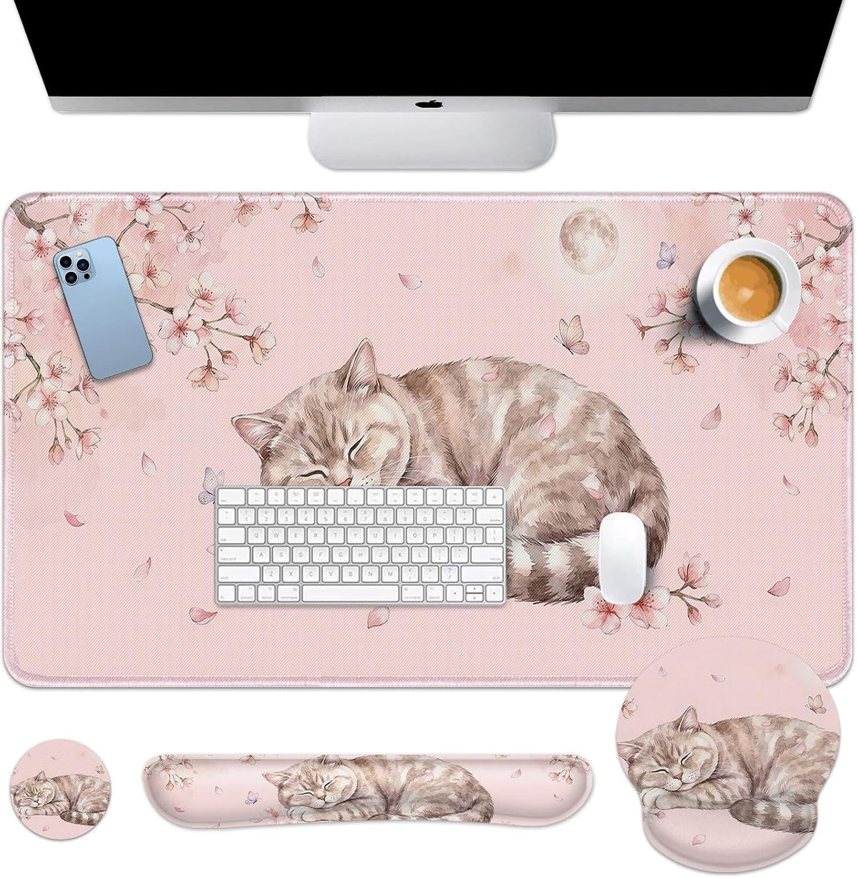 Keyboard Mouse Pad Set, 4 in 1 Desk Mat Set Kawaii Cat