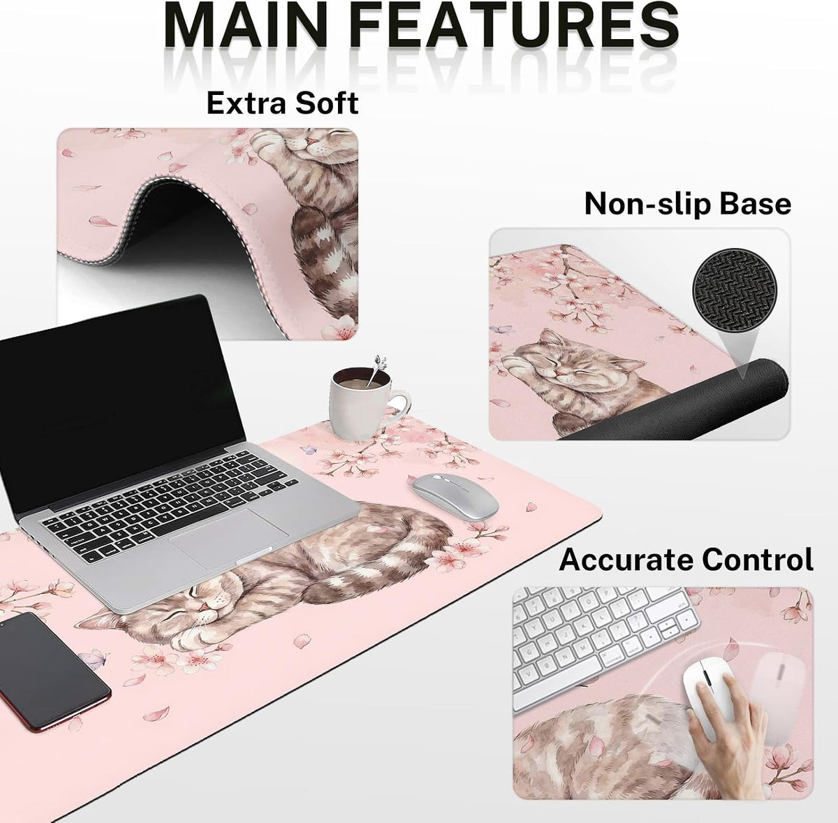 Keyboard Mouse Pad Set, 4 in 1 Desk Mat Set Kawaii Cat