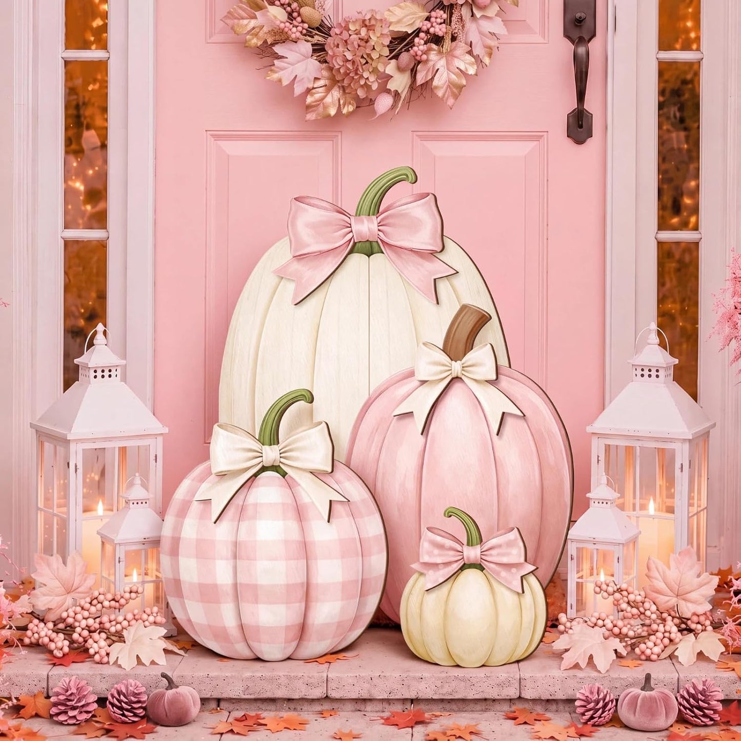 Set of 4 Fall Pink Pumpkin Front Porch Decoration with Cute Bow