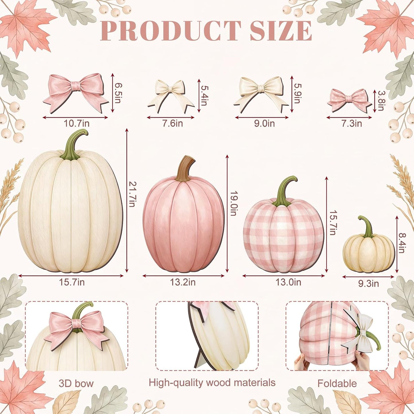 Set of 4 Fall Pink Pumpkin Front Porch Decoration with Cute Bow