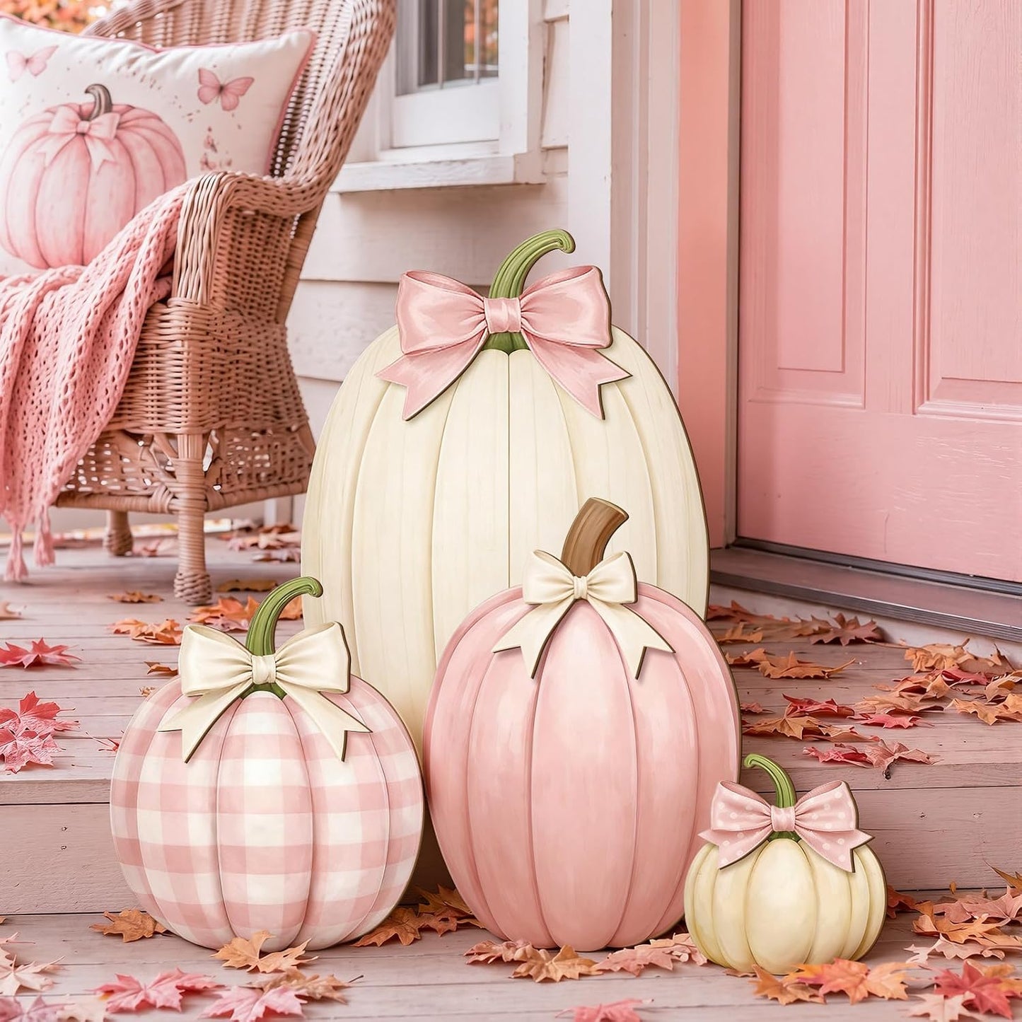 Set of 4 Fall Pink Pumpkin Front Porch Decoration with Cute Bow