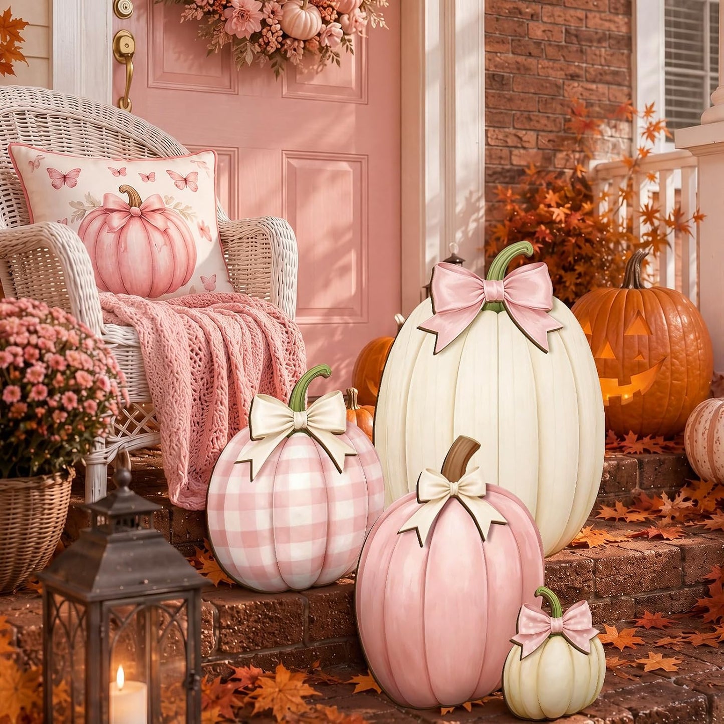 Set of 4 Fall Pink Pumpkin Front Porch Decoration with Cute Bow