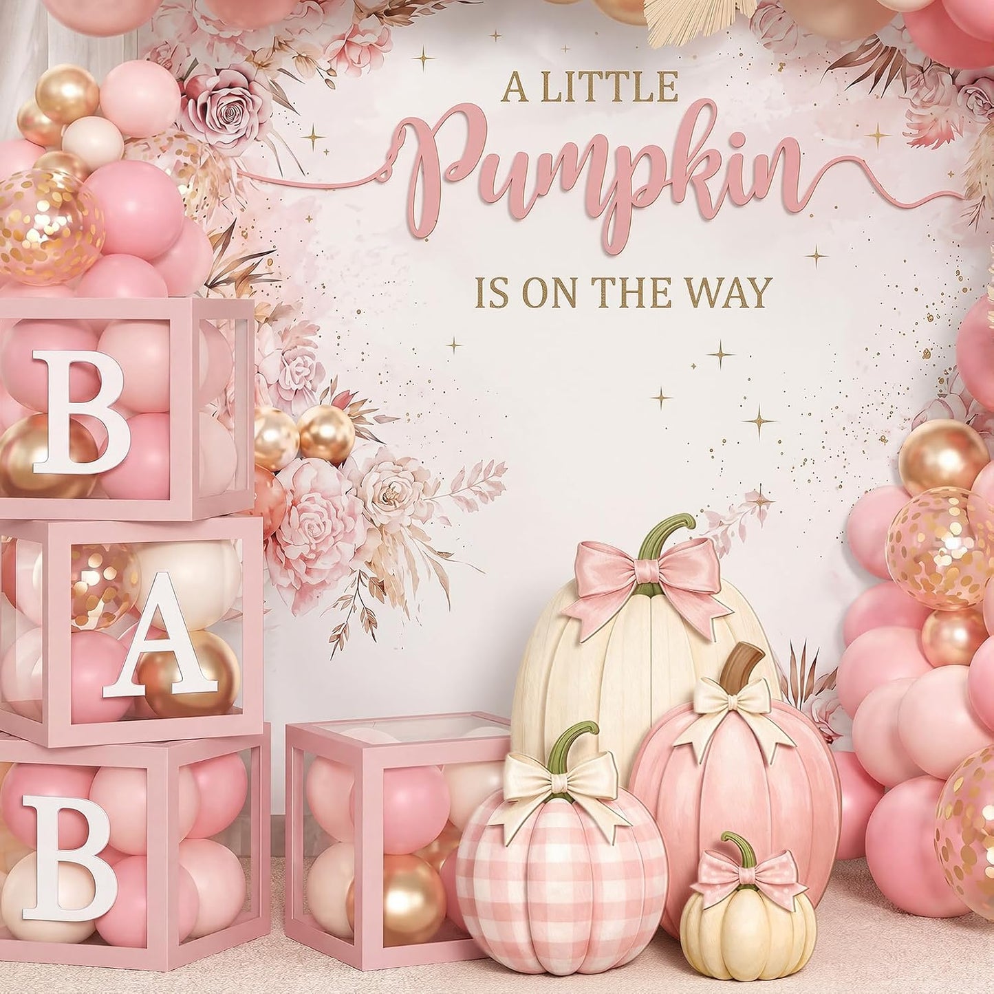 Set of 4 Fall Pink Pumpkin Front Porch Decoration with Cute Bow
