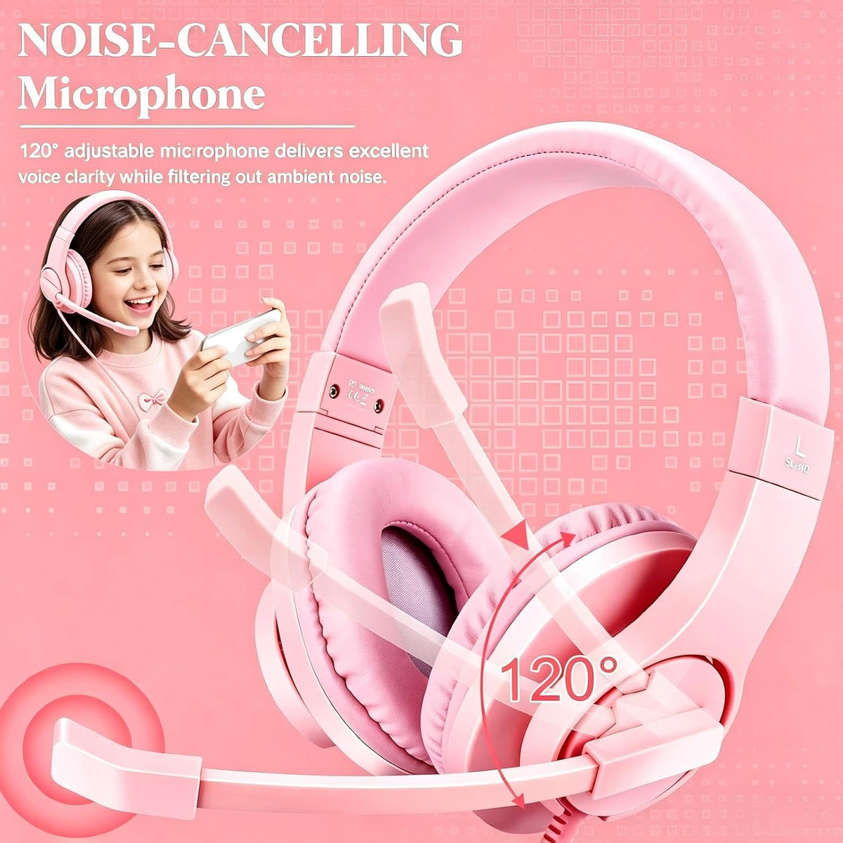 Gaming Headset for Xbox One, PS4, PS5, Nintendo Switch, Bass Surround and Noise Cancelling 3.5mm Over Ear Headphones with Mic for Laptop PC Smartphones, Pink