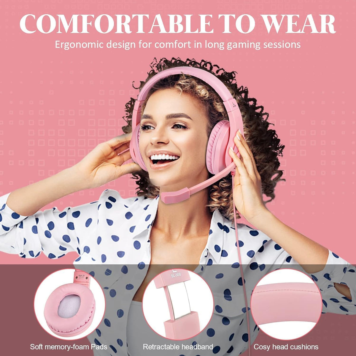 Gaming Headset for Xbox One, PS4, PS5, Nintendo Switch, Bass Surround and Noise Cancelling 3.5mm Over Ear Headphones with Mic for Laptop PC Smartphones, Pink