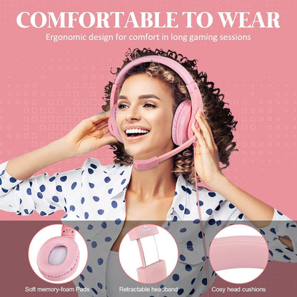 Gaming Headset for Xbox One, PS4, PS5, Nintendo Switch, Bass Surround and Noise Cancelling 3.5mm Over Ear Headphones with Mic for Laptop PC Smartphones, Pink