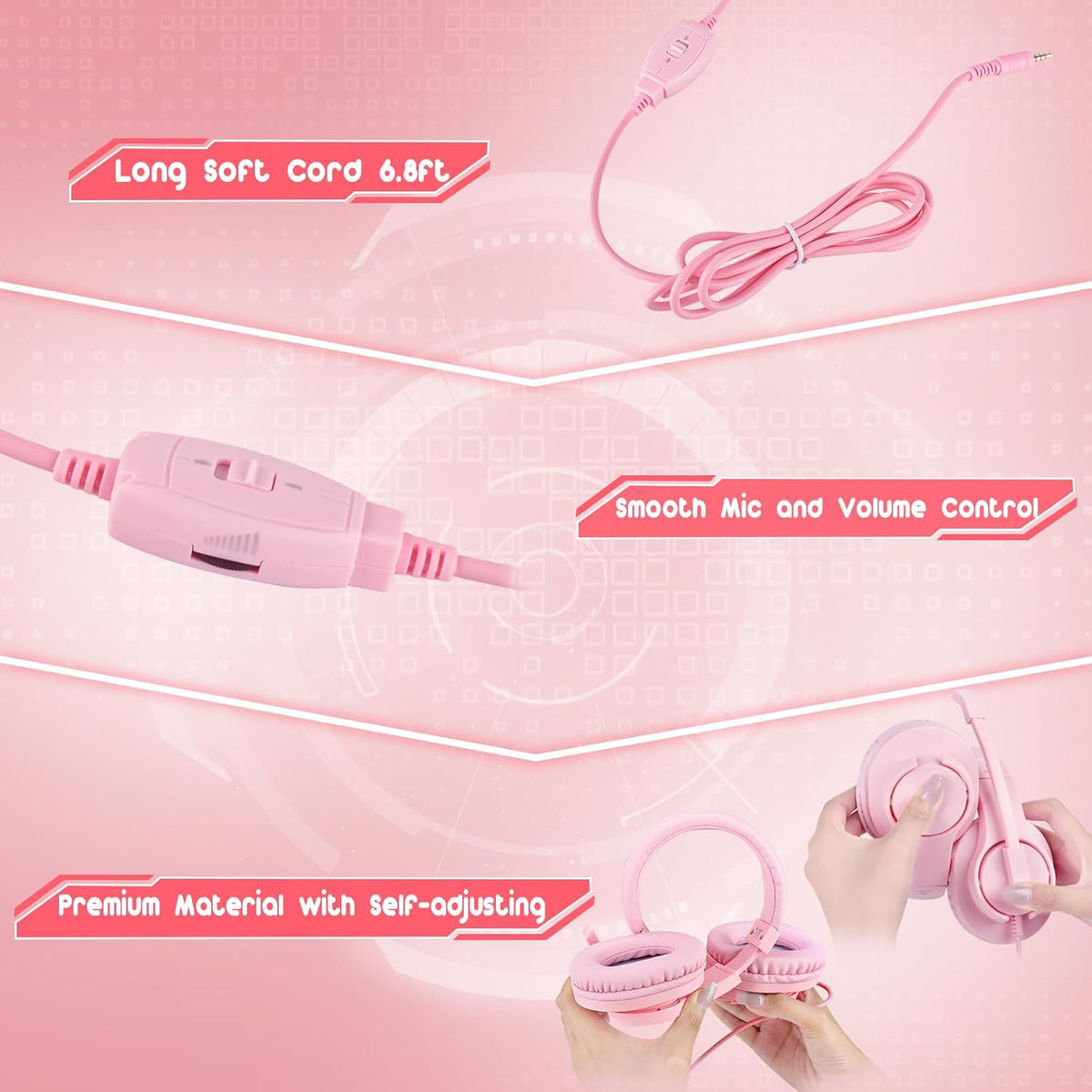 Gaming Headset for Xbox One, PS4, PS5, Nintendo Switch, Bass Surround and Noise Cancelling 3.5mm Over Ear Headphones with Mic for Laptop PC Smartphones, Pink