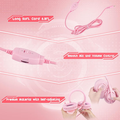 Gaming Headset for Xbox One, PS4, PS5, Nintendo Switch, Bass Surround and Noise Cancelling 3.5mm Over Ear Headphones with Mic for Laptop PC Smartphones, Pink
