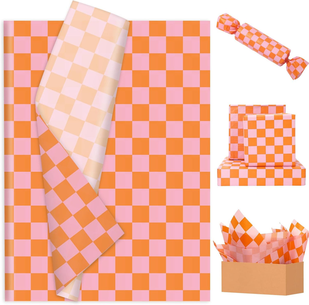60 Sheets Checkered Tissue Paper Pink Orange Plaid Gift Wrapping Tissue for Sunset Birthday Baby Shower Wedding Party DIY Crafts Supplies, 14 x 20 Inch