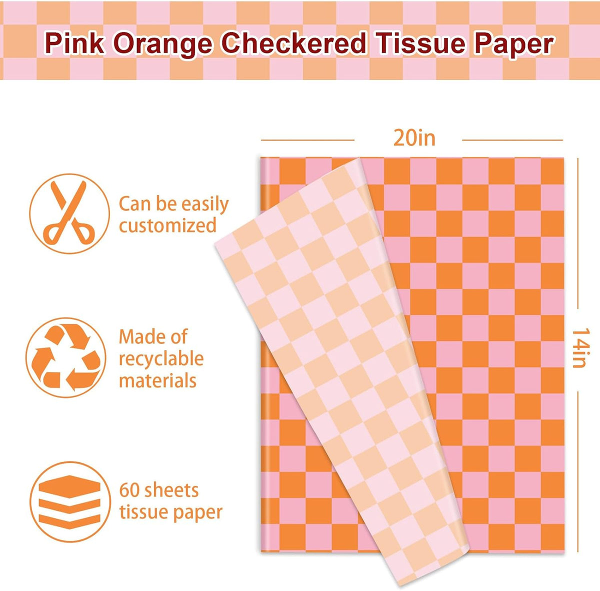 60 Sheets Checkered Tissue Paper Pink Orange Plaid Gift Wrapping Tissue for Sunset Birthday Baby Shower Wedding Party DIY Crafts Supplies, 14 x 20 Inch