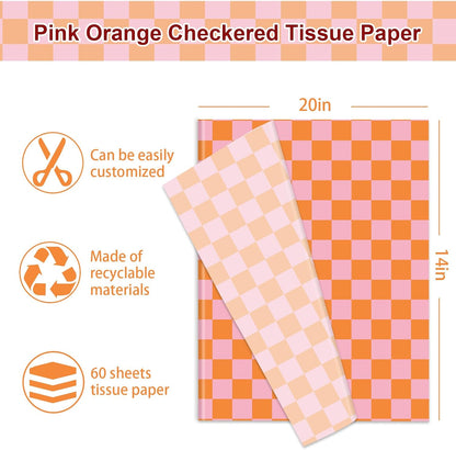 60 Sheets Checkered Tissue Paper Pink Orange Plaid Gift Wrapping Tissue for Sunset Birthday Baby Shower Wedding Party DIY Crafts Supplies, 14 x 20 Inch