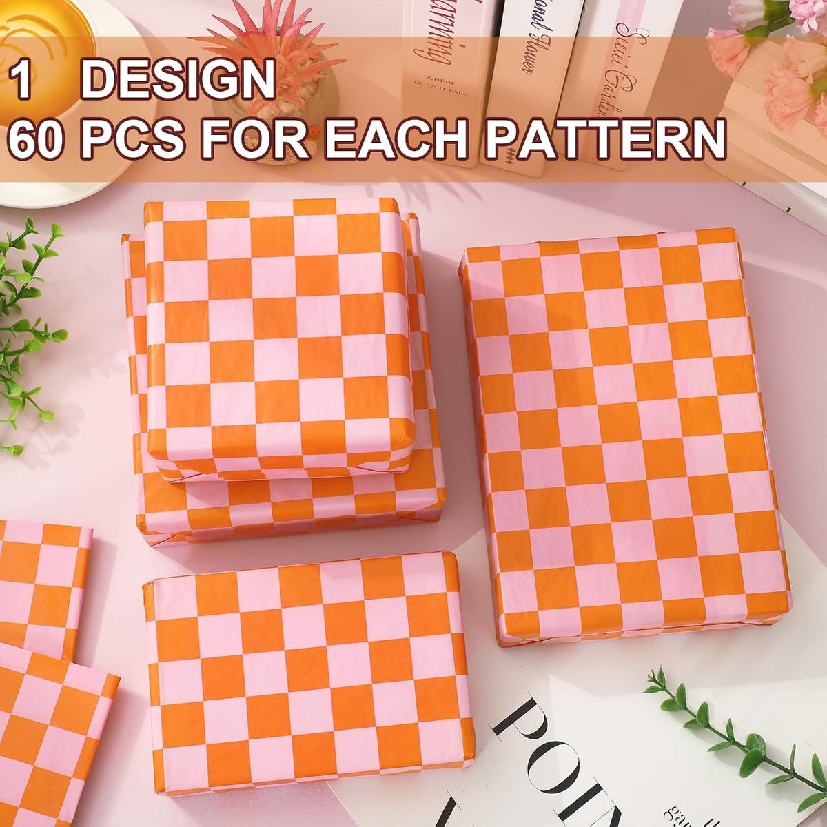 60 Sheets Checkered Tissue Paper Pink Orange Plaid Gift Wrapping Tissue for Sunset Birthday Baby Shower Wedding Party DIY Crafts Supplies, 14 x 20 Inch