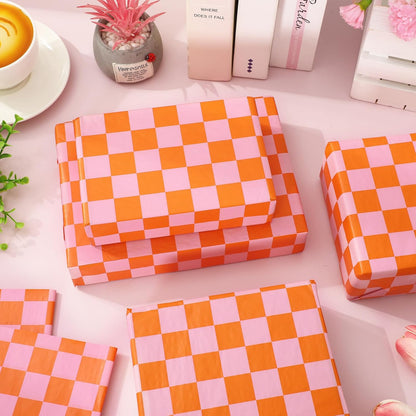 60 Sheets Checkered Tissue Paper Pink Orange Plaid Gift Wrapping Tissue for Sunset Birthday Baby Shower Wedding Party DIY Crafts Supplies, 14 x 20 Inch
