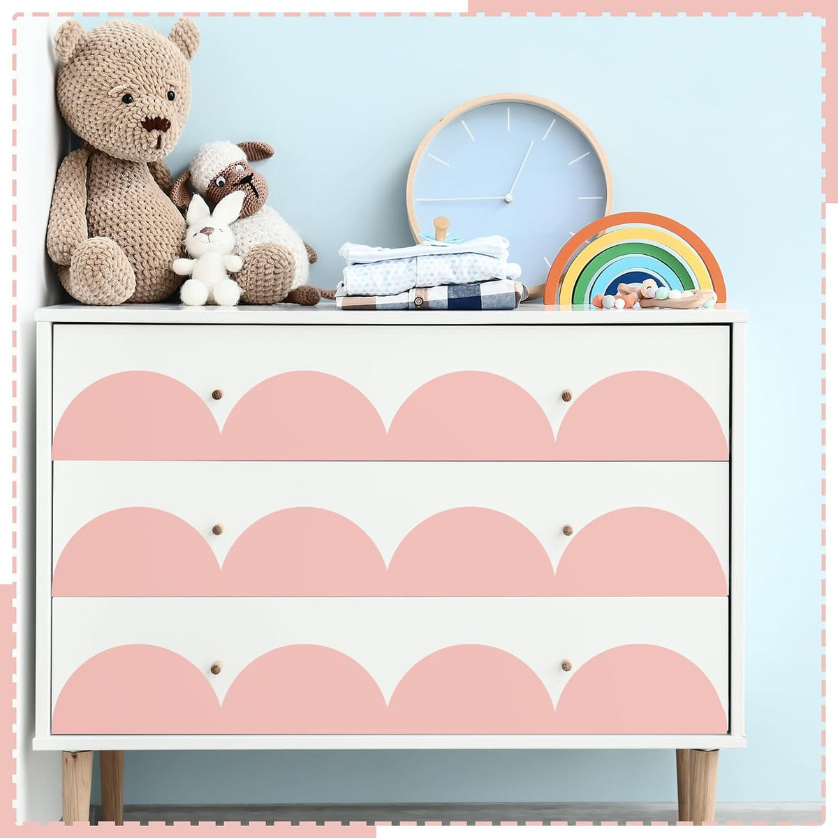 10 Pcs Pink Peel and Stick Scallop Border Decal Trim 15.75 Inch Boho Giant Scalloped Edge Wall Sticker Waterproof Vinyl Wall Decals for Bedrooms Playroom Nursery Classroom