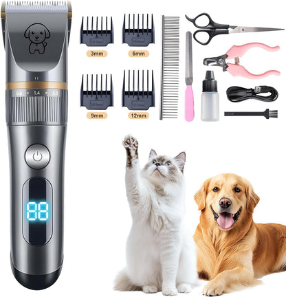 Dog Clippers for Grooming with LCD Display, Low Noise Dog Grooming Kit for Heavy Thick Coats, Professional Cordless Pet Shaver Electric Quiet Hair Trimmer Set for Small Large Dogs Cats Pets
