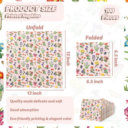 100 Pcs Floral Napkins Disposable Paper Wildflower Napkins, 2-Ply Retro Flower Dinner Napkins Pink Decorative Party Napkin for Spring Summer Picnic Wedding Baby Shower Birthday Tea Party