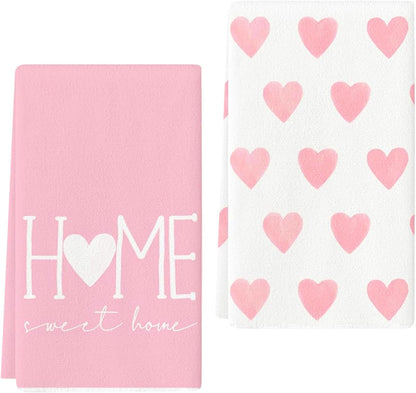 2PCS Pink Heart Love Home Sweet Home Valentine's Kitchen Towels Dish Towels for Wedding Party Anniversary Valentine's Day (16.5x23.6 Inch)