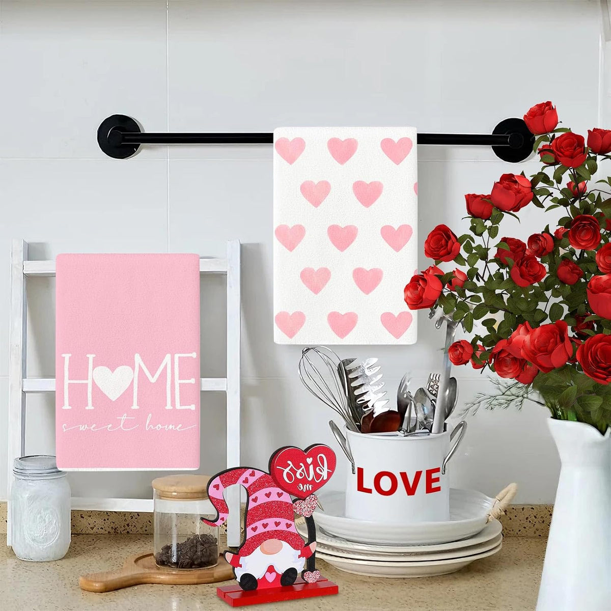 2PCS Pink Heart Love Home Sweet Home Valentine's Kitchen Towels Dish Towels for Wedding Party Anniversary Valentine's Day (16.5x23.6 Inch)