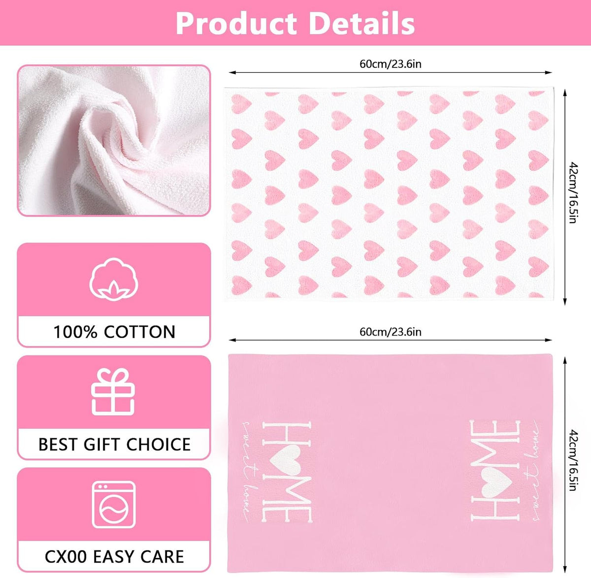 2PCS Pink Heart Love Home Sweet Home Valentine's Kitchen Towels Dish Towels for Wedding Party Anniversary Valentine's Day (16.5x23.6 Inch)