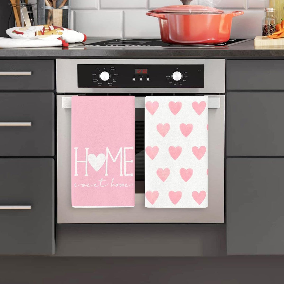 2PCS Pink Heart Love Home Sweet Home Valentine's Kitchen Towels Dish Towels for Wedding Party Anniversary Valentine's Day (16.5x23.6 Inch)