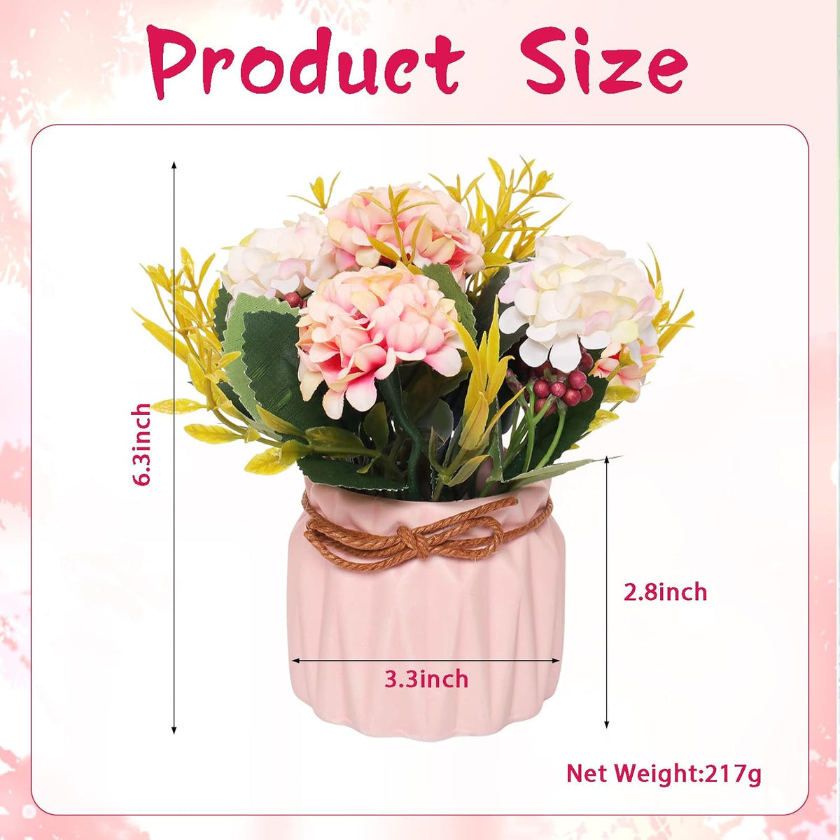 Artificial Hydrangea with Vase Mini Fake Flower Balls Flowers Decoration Fake Plant in Vase for Table Home Office Desktop Decorations (Pink, One Size)