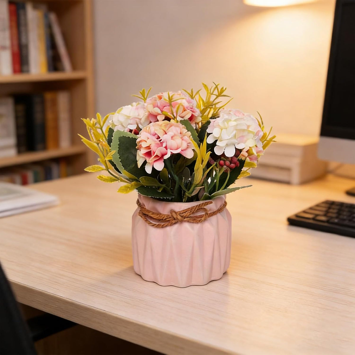 Artificial Hydrangea with Vase Mini Fake Flower Balls Flowers Decoration Fake Plant in Vase for Table Home Office Desktop Decorations (Pink, One Size)