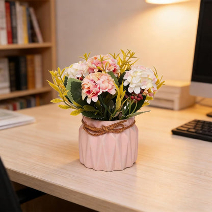 Artificial Hydrangea with Vase Mini Fake Flower Balls Flowers Decoration Fake Plant in Vase for Table Home Office Desktop Decorations (Pink, One Size)