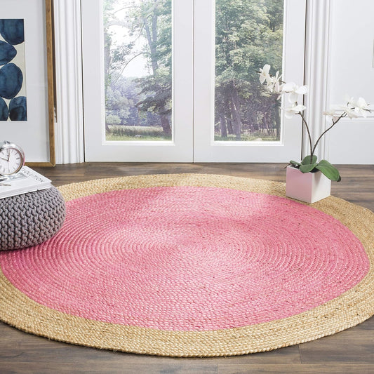 Area Rug 3' Round - Natural Fiber Collection - Pink & Natural Brown, Handmade Jute, Braided Border Design (NF801P)