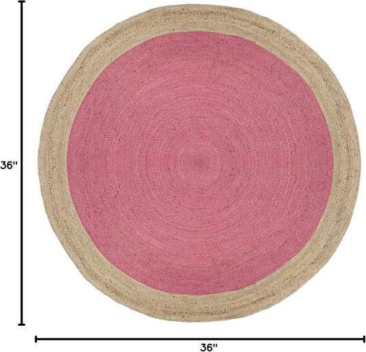 Area Rug 3' Round - Natural Fiber Collection - Pink & Natural Brown, Handmade Jute, Braided Border Design (NF801P)