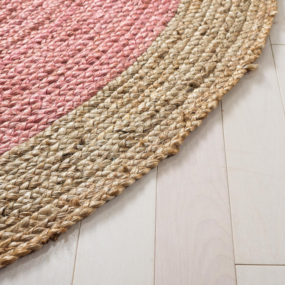 Area Rug 3' Round - Natural Fiber Collection - Pink & Natural Brown, Handmade Jute, Braided Border Design (NF801P)