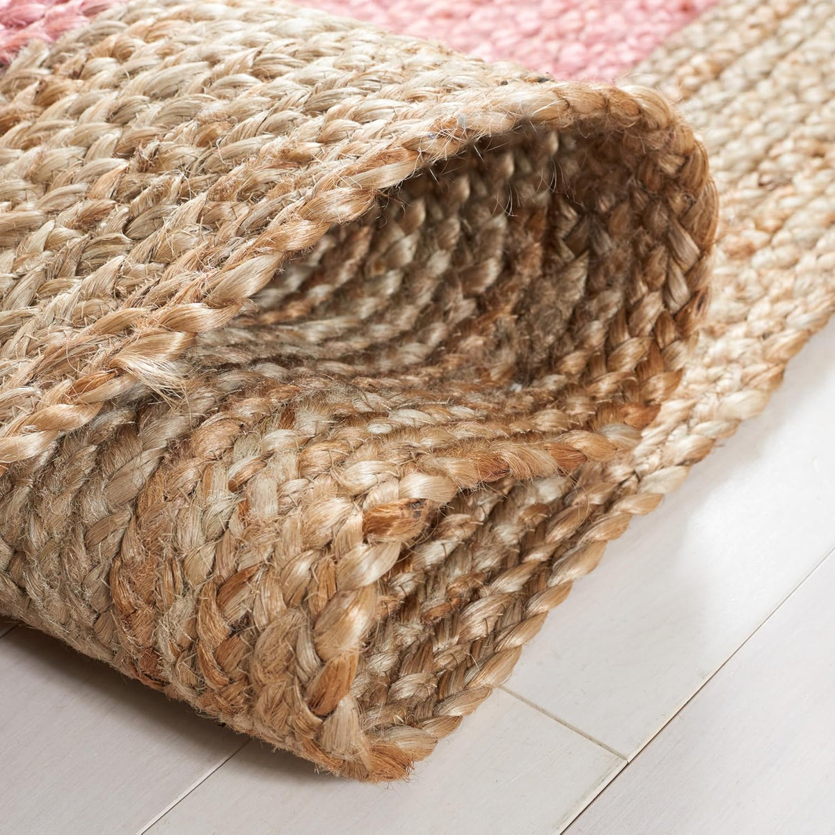 Area Rug 3' Round - Natural Fiber Collection - Pink & Natural Brown, Handmade Jute, Braided Border Design (NF801P)