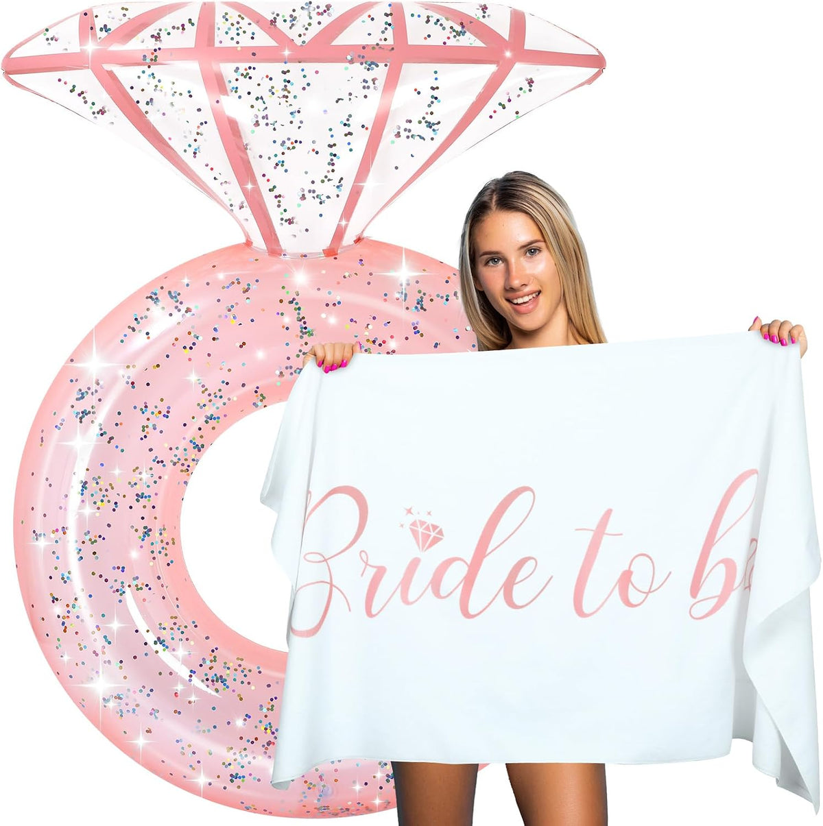 Bride Diamond Ring Pool Float & Towel Set Bachelorette Party Decoration Inflatable Diamond Pool Float Bridal Shower Gift Engagement Party Favors Swimming Tube River Wedding Photo Prop (Pink Glitter)