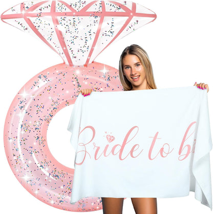 Bride Diamond Ring Pool Float & Towel Set Bachelorette Party Decoration Inflatable Diamond Pool Float Bridal Shower Gift Engagement Party Favors Swimming Tube River Wedding Photo Prop (Pink Glitter)