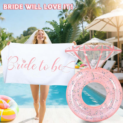 Bride Diamond Ring Pool Float & Towel Set Bachelorette Party Decoration Inflatable Diamond Pool Float Bridal Shower Gift Engagement Party Favors Swimming Tube River Wedding Photo Prop (Pink Glitter)