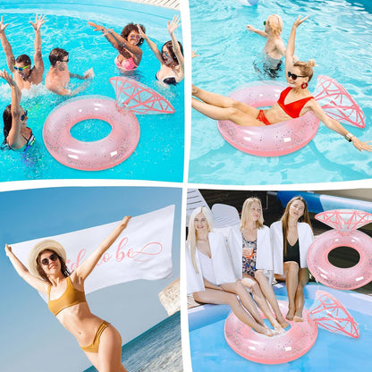 Bride Diamond Ring Pool Float & Towel Set Bachelorette Party Decoration Inflatable Diamond Pool Float Bridal Shower Gift Engagement Party Favors Swimming Tube River Wedding Photo Prop (Pink Glitter)