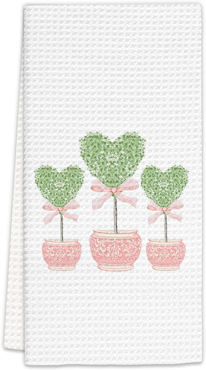 Pink Chinoiserie Heart Topiary Kitchen Towels, Grandmillennial Valentines Dish Towels, Pink Chinoiserie Decorative Hand Towels for Women, Grandmillennial Kitchen Bathroom Decor(16x24 Inch)