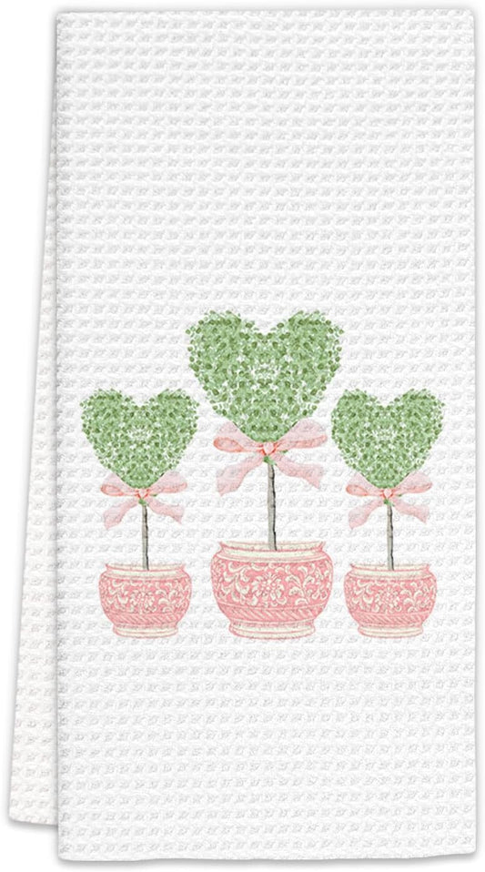 Pink Chinoiserie Heart Topiary Kitchen Towels, Grandmillennial Valentines Dish Towels, Pink Chinoiserie Decorative Hand Towels for Women, Grandmillennial Kitchen Bathroom Decor(16x24 Inch)