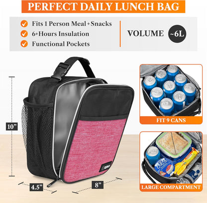 Insulated Lunch Bag for Kids Girls, Small Compact Lunch Box with Wide Opening & Mesh Pockets, Reusable Lunch Pail for School, Work, Adults, Women, Heather Pink