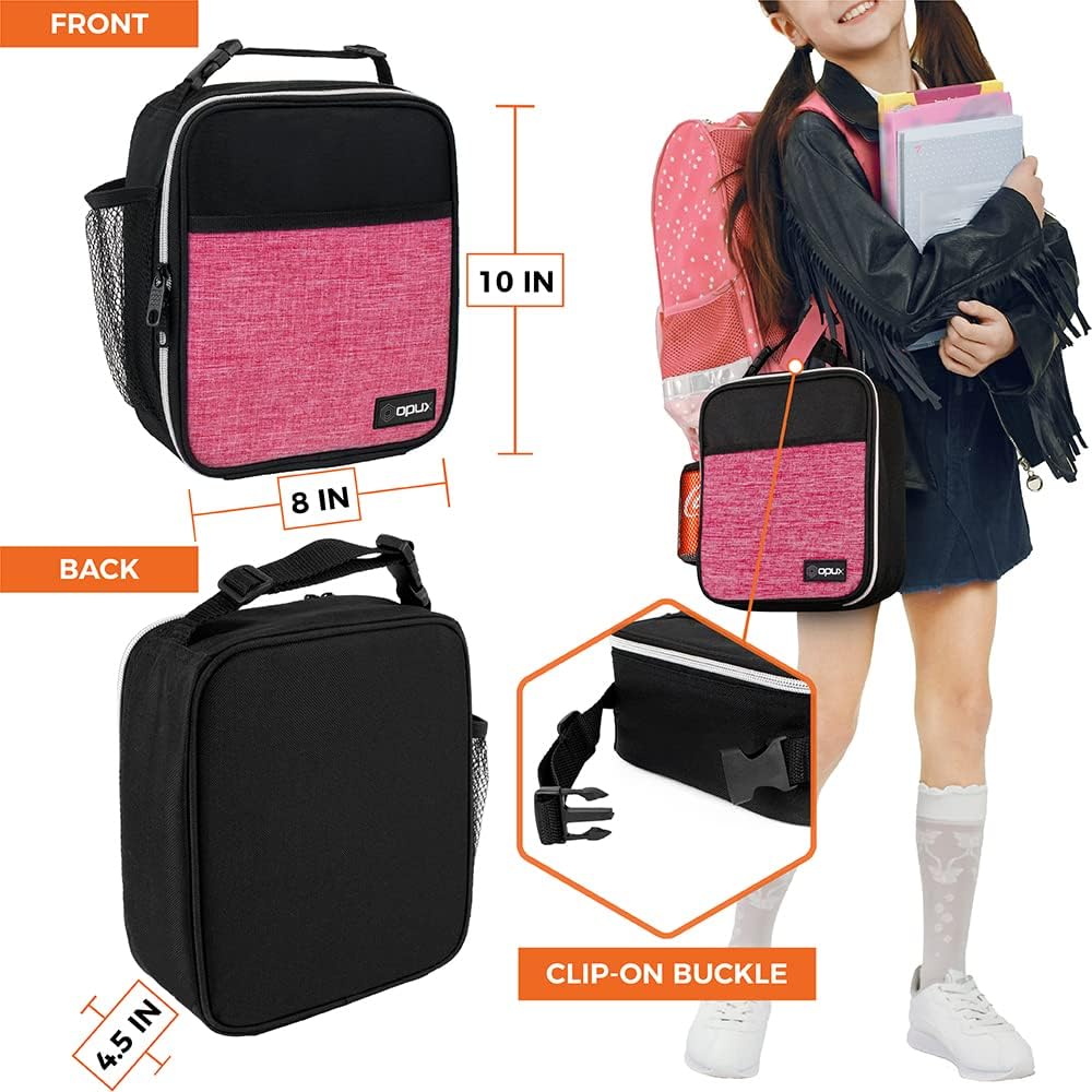 Insulated Lunch Bag for Kids Girls, Small Compact Lunch Box with Wide Opening & Mesh Pockets, Reusable Lunch Pail for School, Work, Adults, Women, Heather Pink