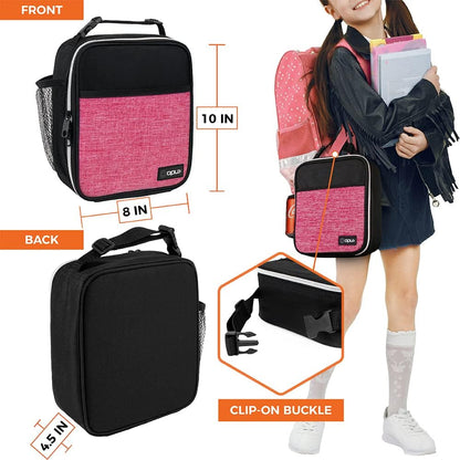 Insulated Lunch Bag for Kids Girls, Small Compact Lunch Box with Wide Opening & Mesh Pockets, Reusable Lunch Pail for School, Work, Adults, Women, Heather Pink