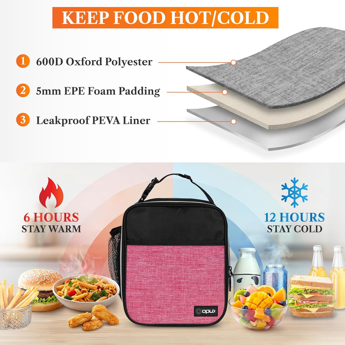 Insulated Lunch Bag for Kids Girls, Small Compact Lunch Box with Wide Opening & Mesh Pockets, Reusable Lunch Pail for School, Work, Adults, Women, Heather Pink