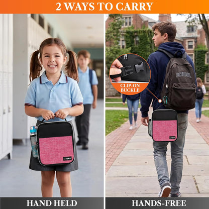 Insulated Lunch Bag for Kids Girls, Small Compact Lunch Box with Wide Opening & Mesh Pockets, Reusable Lunch Pail for School, Work, Adults, Women, Heather Pink