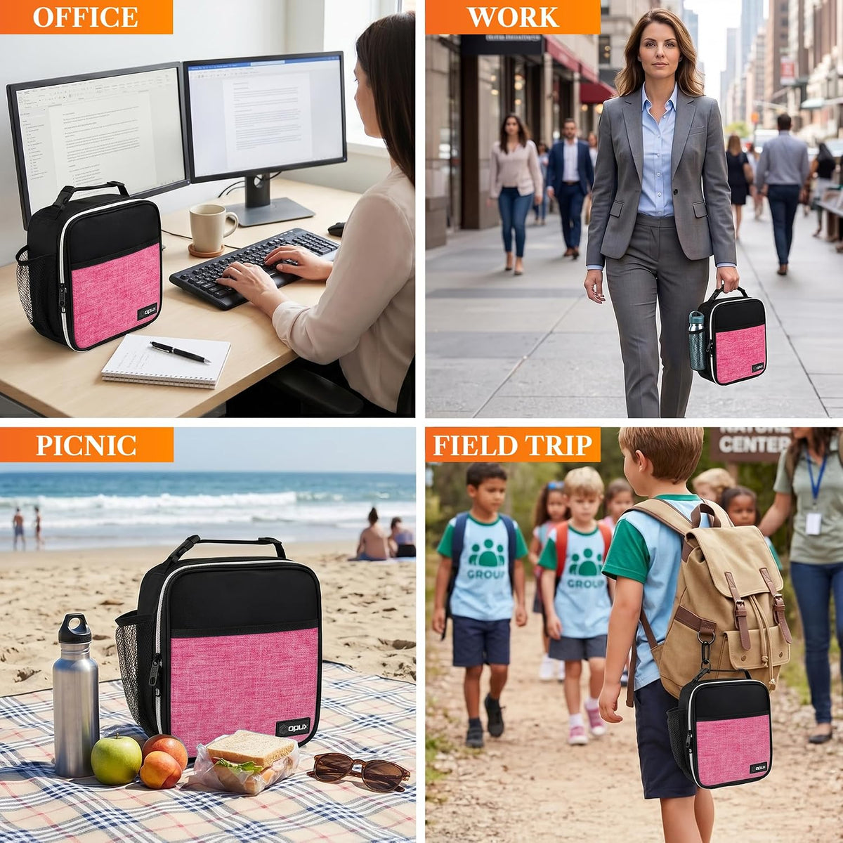 Insulated Lunch Bag for Kids Girls, Small Compact Lunch Box with Wide Opening & Mesh Pockets, Reusable Lunch Pail for School, Work, Adults, Women, Heather Pink