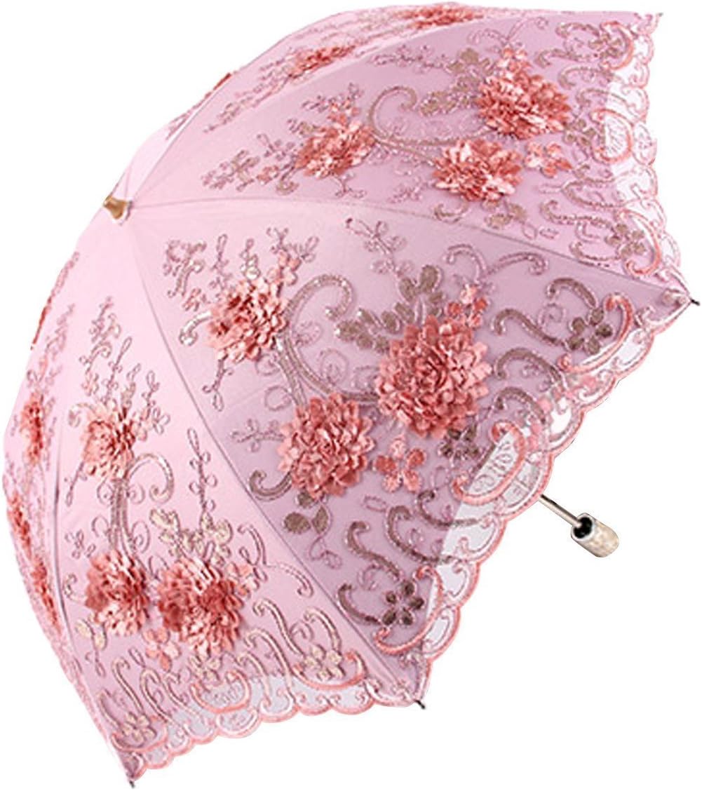 Vintage Lace UV Sun Parasol Folding 3D Flower Embroidery Umbrella