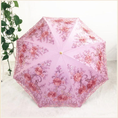 Vintage Lace UV Sun Parasol Folding 3D Flower Embroidery Umbrella