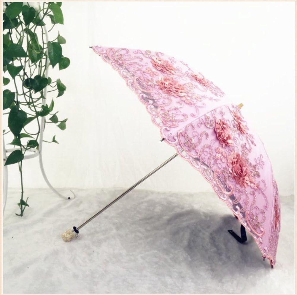 Vintage Lace UV Sun Parasol Folding 3D Flower Embroidery Umbrella