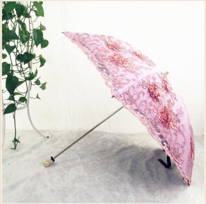 Vintage Lace UV Sun Parasol Folding 3D Flower Embroidery Umbrella