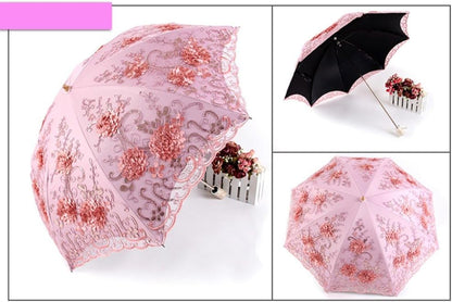 Vintage Lace UV Sun Parasol Folding 3D Flower Embroidery Umbrella