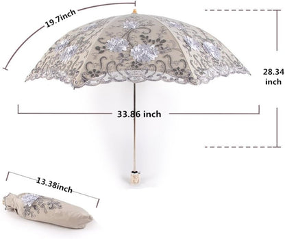 Vintage Lace UV Sun Parasol Folding 3D Flower Embroidery Umbrella